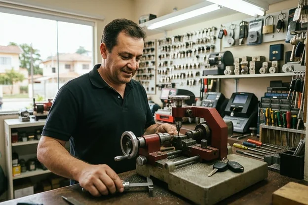 Chaveiro copiando chaves, utilizando equipamentos em Palhoça.