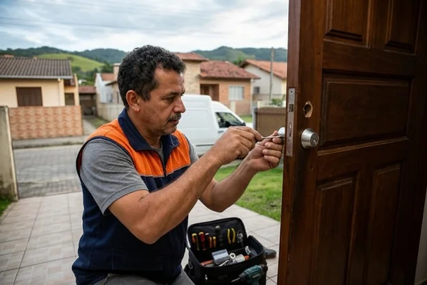 Chaveiro trocando uma fechadura, destacando a segurança em Palhoça.